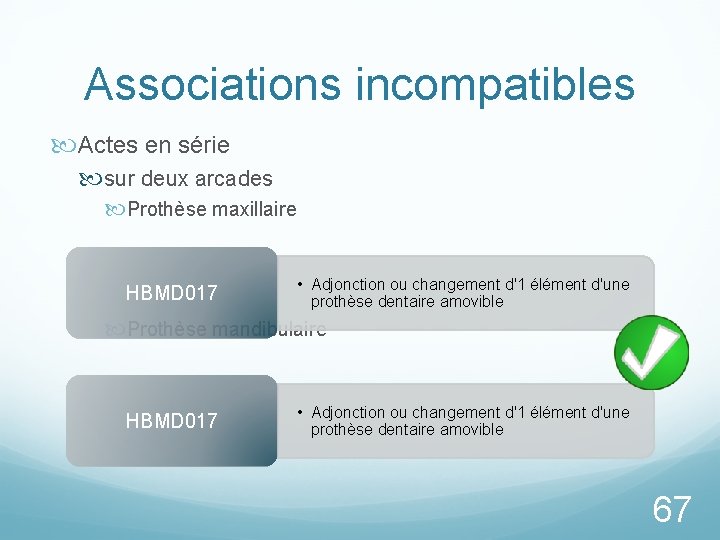 Associations incompatibles Actes en série sur deux arcades Prothèse maxillaire HBMD 017 • Adjonction