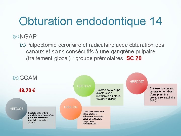 Obturation endodontique 14 NGAP Pulpectomie coronaire et radiculaire avec obturation des canaux et soins