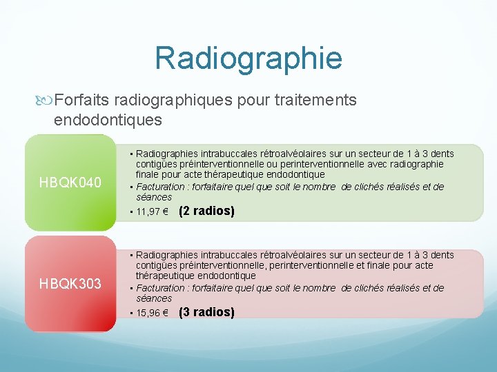 Radiographie Forfaits radiographiques pour traitements endodontiques HBQK 040 • Radiographies intrabuccales rétroalvéolaires sur un
