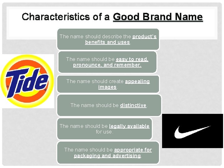 Characteristics of a Good Brand Name The name should describe the product’s benefits and