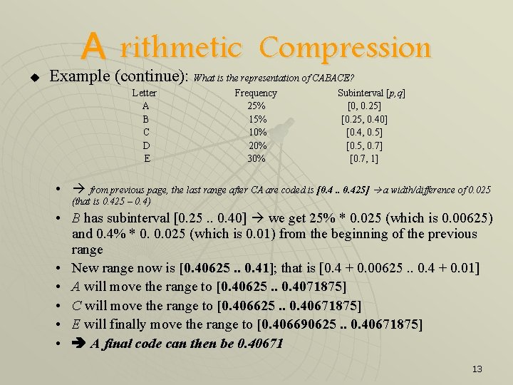 u A rithmetic Compression Example (continue): What is the representation of CABACE? Letter A