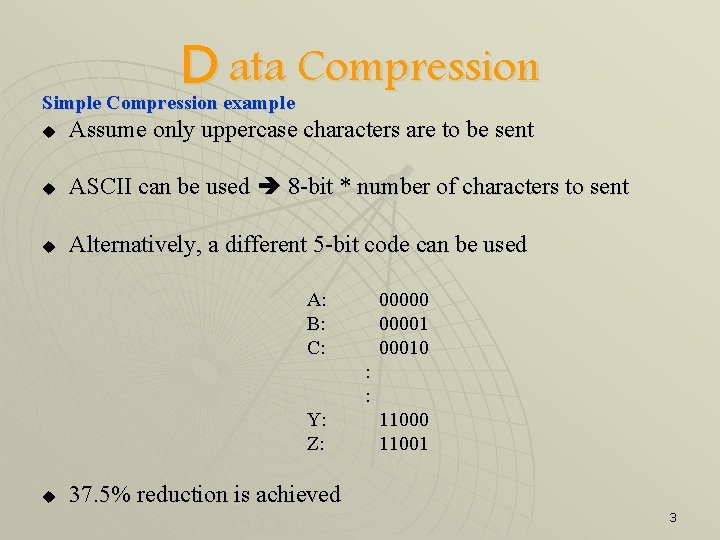 D ata Compression Simple Compression example u Assume only uppercase characters are to be