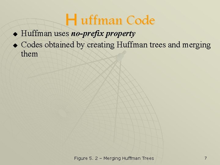 u u H uffman Code Huffman uses no-prefix property Codes obtained by creating Huffman