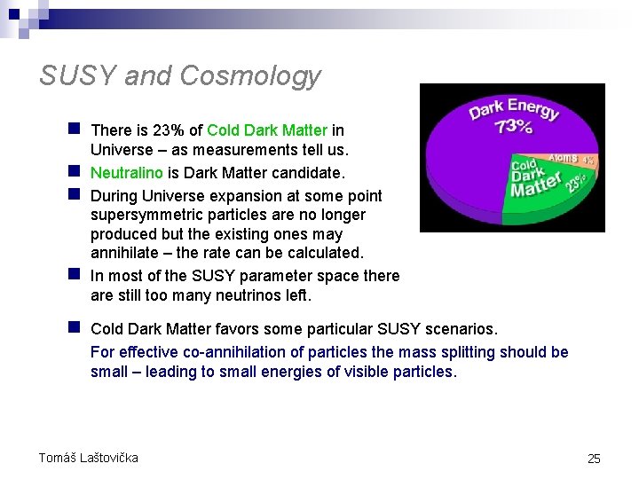 SUSY and Cosmology n There is 23% of Cold Dark Matter in n Universe SUSY and Cosmology n There is 23% of Cold Dark Matter in n Universe
