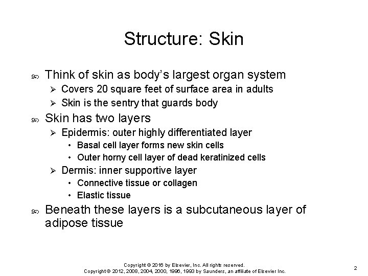 Structure: Skin Think of skin as body’s largest organ system Covers 20 square feet Structure: Skin Think of skin as body’s largest organ system Covers 20 square feet