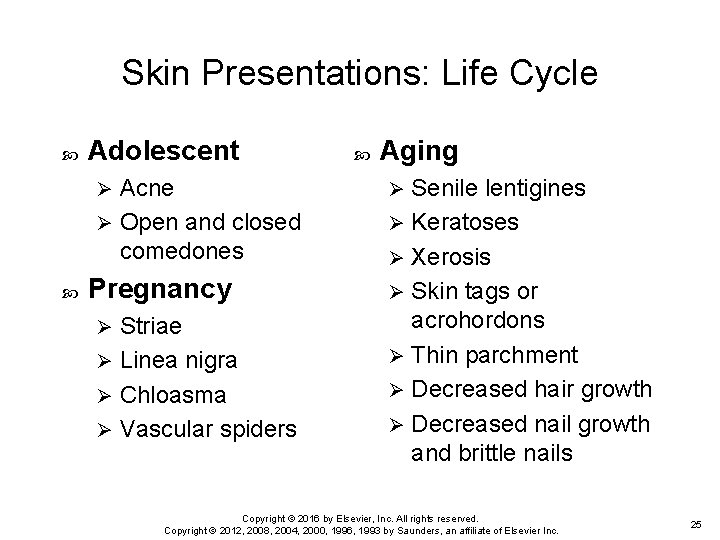 Skin Presentations: Life Cycle Adolescent Acne Ø Open and closed comedones Ø Pregnancy Striae Skin Presentations: Life Cycle Adolescent Acne Ø Open and closed comedones Ø Pregnancy Striae
