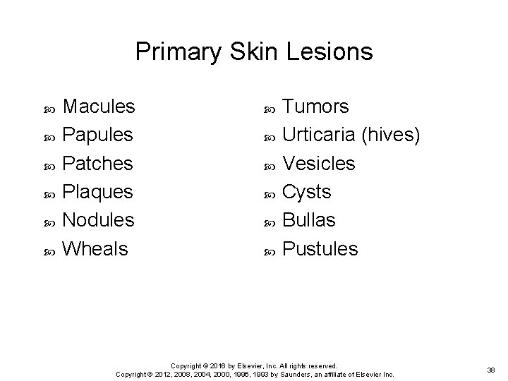 Primary Skin Lesions Macules Papules Patches Plaques Nodules Wheals Tumors Urticaria (hives) Vesicles Cysts Primary Skin Lesions Macules Papules Patches Plaques Nodules Wheals Tumors Urticaria (hives) Vesicles Cysts