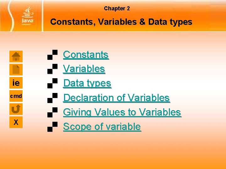 Chapter 2 Constants, Variables & Data types ie cmd X Constants Variables Data types