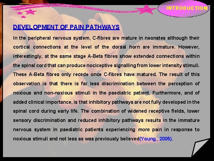 INTRODUCTION DEVELOPMENT OF PAIN PATHWAYS In the peripheral nervous system, C-fibres are mature in