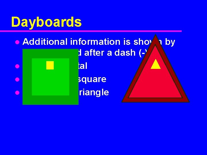 Dayboards Additional information is shown by letters placed after a dash (-) l I