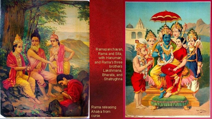 Ramapanchayan, Rama and Sita, with Hanuman, and Rama's three brothers Lakshmana, Bharata, and Shatrughna