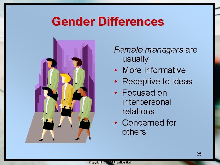 Gender Differences Female managers are usually: • More informative • Receptive to ideas • Gender Differences Female managers are usually: • More informative • Receptive to ideas •