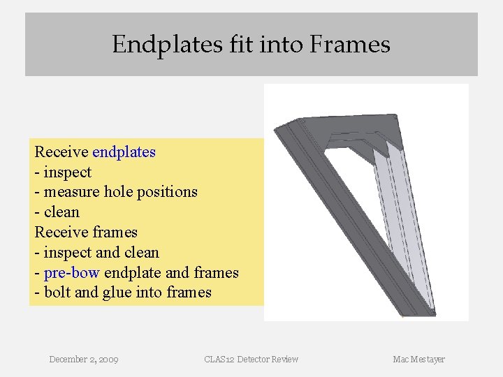 Endplates fit into Frames Receive endplates - inspect - measure hole positions - clean Endplates fit into Frames Receive endplates - inspect - measure hole positions - clean