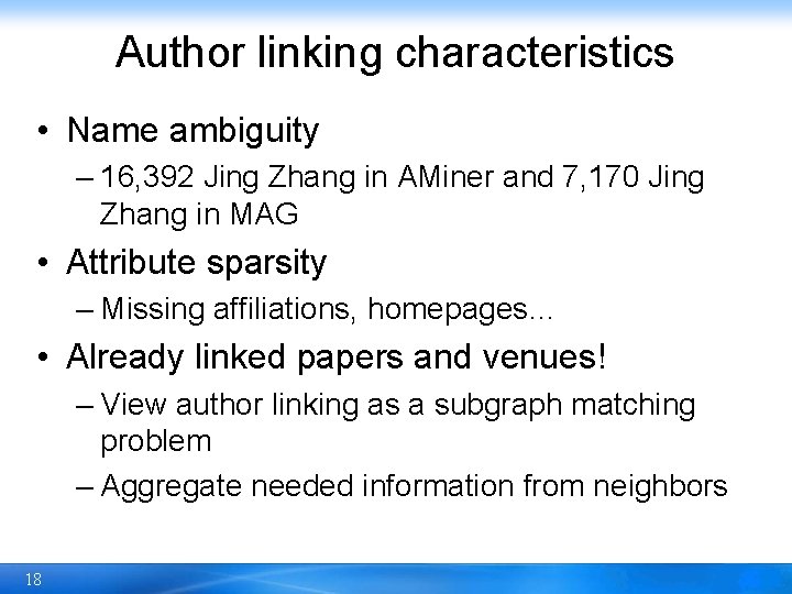 Author linking characteristics • Name ambiguity – 16, 392 Jing Zhang in AMiner and