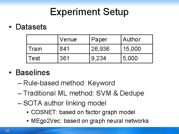 Experiment Setup • Datasets Venue Paper Author Train 841 26, 936 15, 000 Test