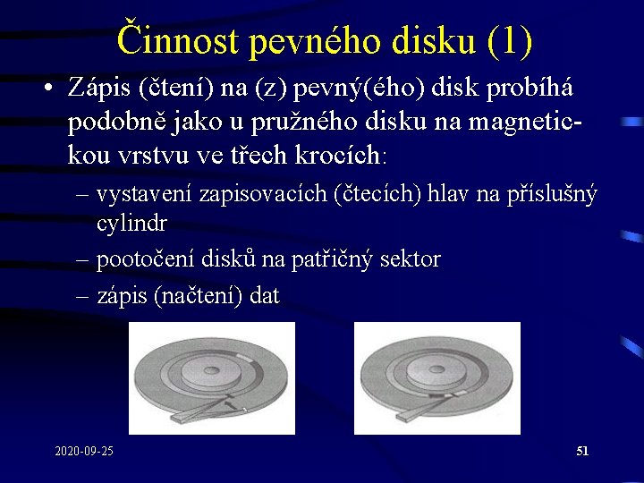 Činnost pevného disku (1) • Zápis (čtení) na (z) pevný(ého) disk probíhá podobně jako