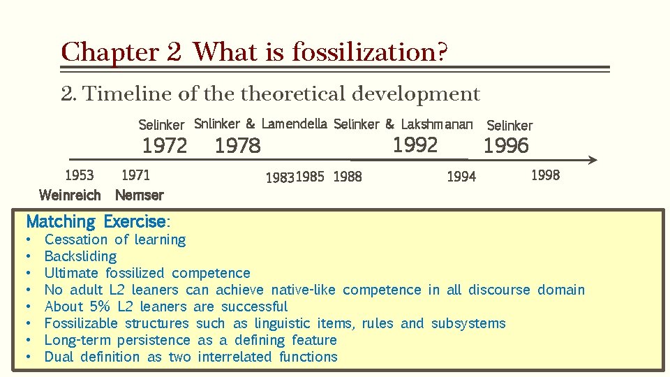 Chapter 2 What is fossilization? 2. Timeline of theoretical development Selinker Snlinker & Lamendella Chapter 2 What is fossilization? 2. Timeline of theoretical development Selinker Snlinker & Lamendella