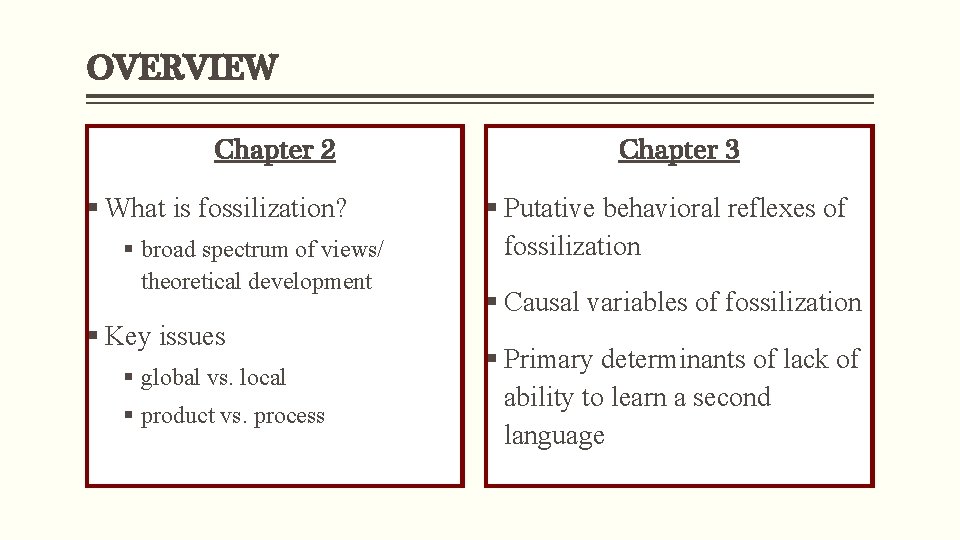 OVERVIEW Chapter 2 § What is fossilization? § broad spectrum of views/ theoretical development OVERVIEW Chapter 2 § What is fossilization? § broad spectrum of views/ theoretical development