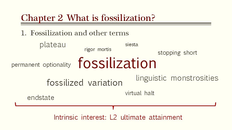 Chapter 2 What is fossilization? 1. Fossilization and other terms plateau permanent optionality rigor Chapter 2 What is fossilization? 1. Fossilization and other terms plateau permanent optionality rigor