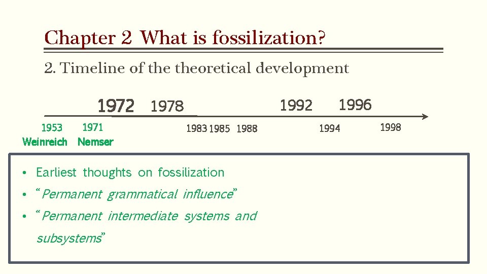 Chapter 2 What is fossilization? 2. Timeline of theoretical development 1972 1978 1953 1971 Chapter 2 What is fossilization? 2. Timeline of theoretical development 1972 1978 1953 1971