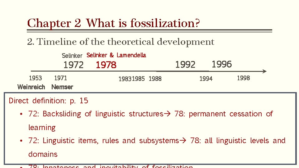 Chapter 2 What is fossilization? 2. Timeline of theoretical development Selinker & Lamendella 1972 Chapter 2 What is fossilization? 2. Timeline of theoretical development Selinker & Lamendella 1972