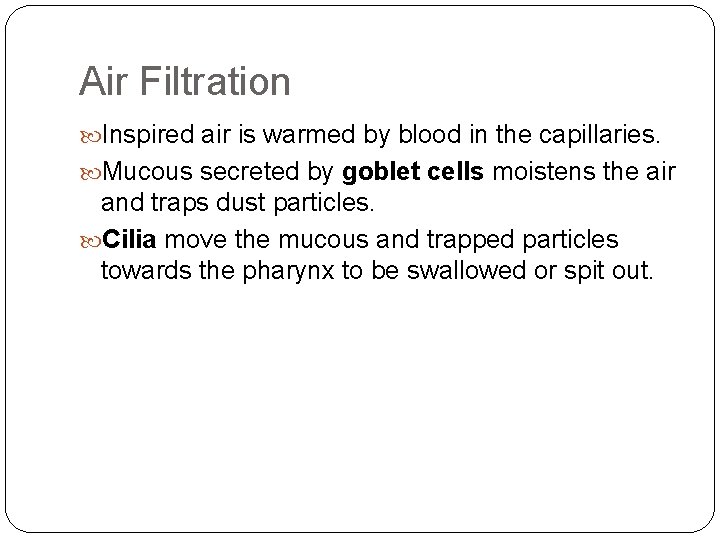 Air Filtration Inspired air is warmed by blood in the capillaries. Mucous secreted by