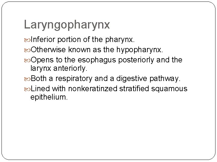 Laryngopharynx Inferior portion of the pharynx. Otherwise known as the hypopharynx. Opens to the