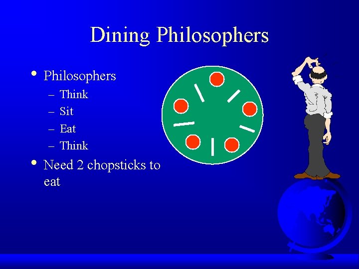 Dining Philosophers • Philosophers – – Think Sit Eat Think • Need 2 chopsticks