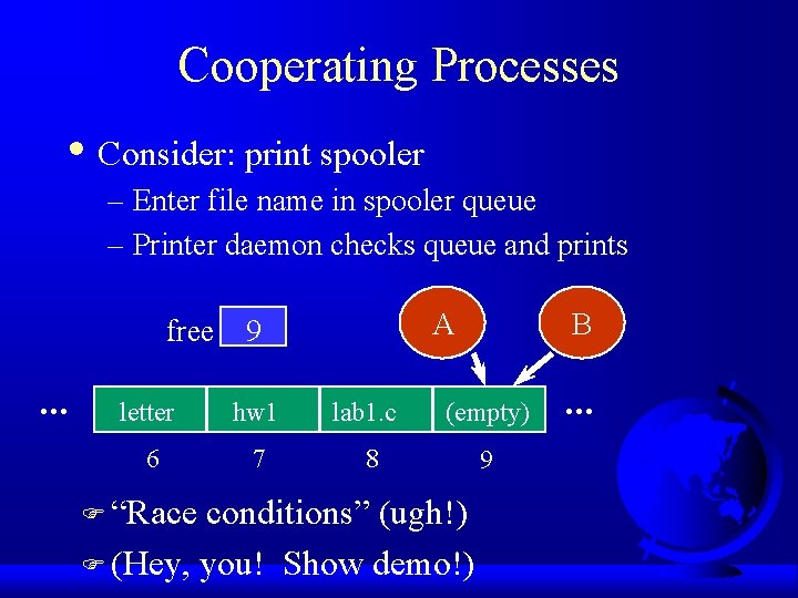 Cooperating Processes • Consider: print spooler – Enter file name in spooler queue –