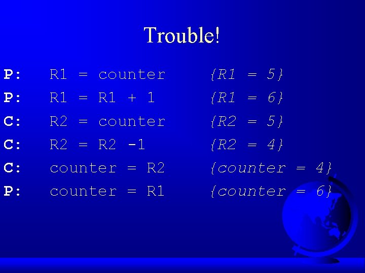 Trouble! P: P: C: C: C: P: R 1 = counter R 1 =