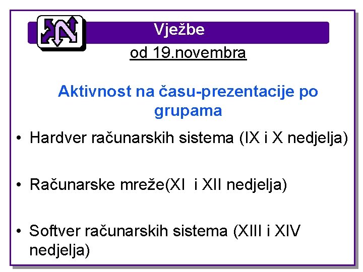 Vježbe od 19. novembra Aktivnost na času-prezentacije po grupama • Hardver računarskih sistema (IX