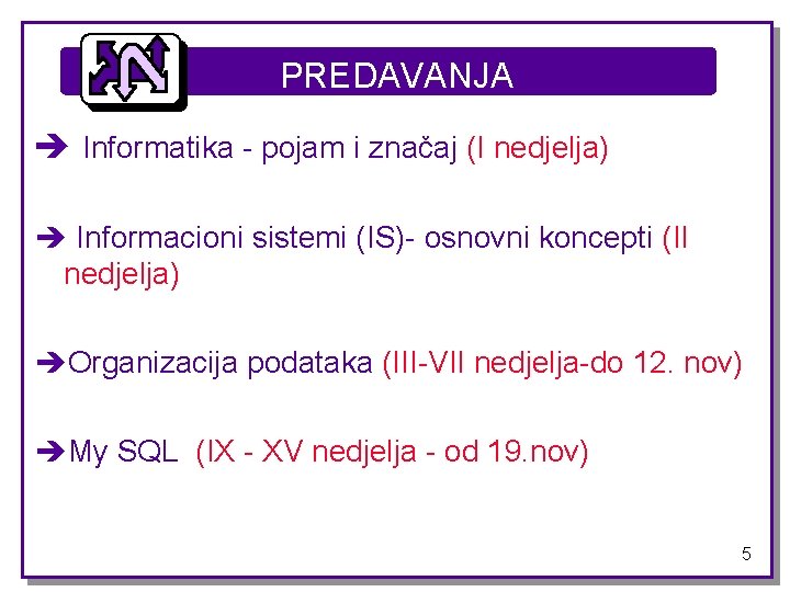PREDAVANJA è Informatika - pojam i značaj (I nedjelja) è Informacioni sistemi (IS)- osnovni