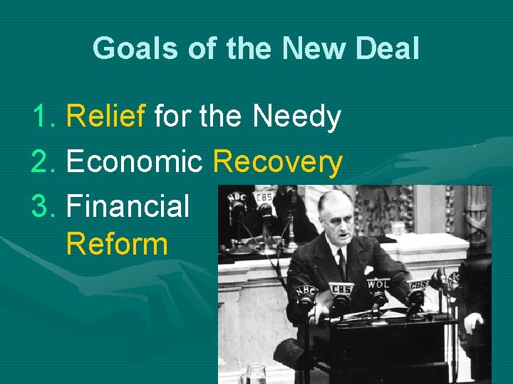 Goals of the New Deal 1. Relief for the Needy 2. Economic Recovery 3.