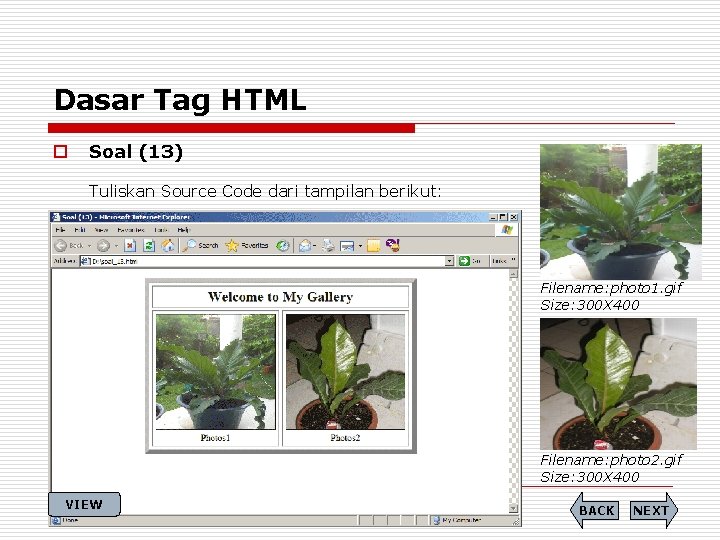 Dasar Tag HTML o Soal (13) Tuliskan Source Code dari tampilan berikut: Filename: photo