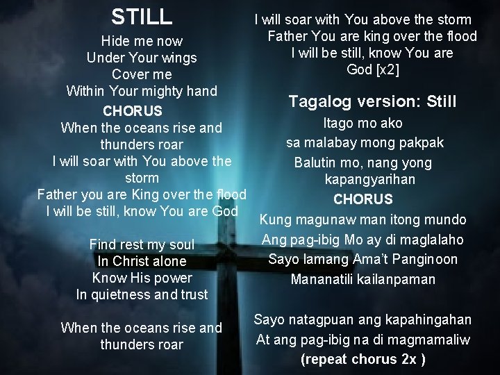 STILL Hide me now Under Your wings Cover me Within Your mighty hand CHORUS