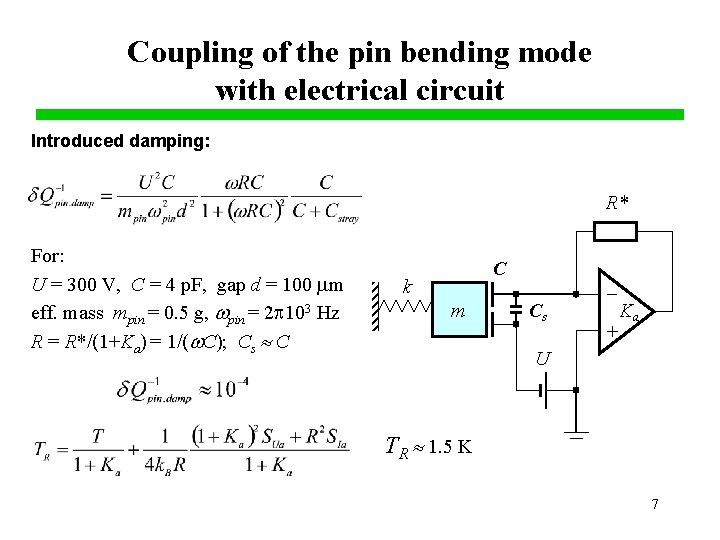 Coupling of the pin bending mode with electrical circuit Introduced damping: R* For: U