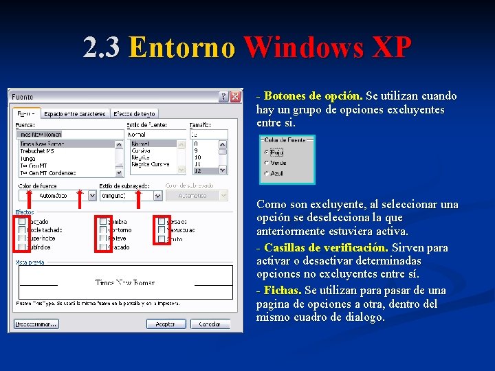 2. 3 Entorno Windows XP - Botones de opción. Se utilizan cuando hay un