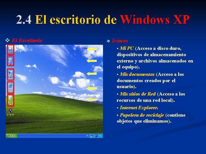 2. 4 El escritorio de Windows XP v El Escritorio v Iconos Mi PC