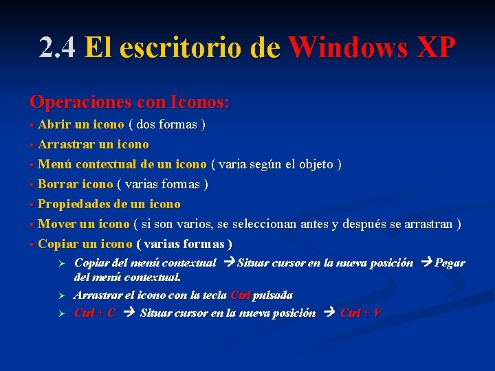 2. 4 El escritorio de Windows XP Operaciones con Iconos: Abrir un icono (