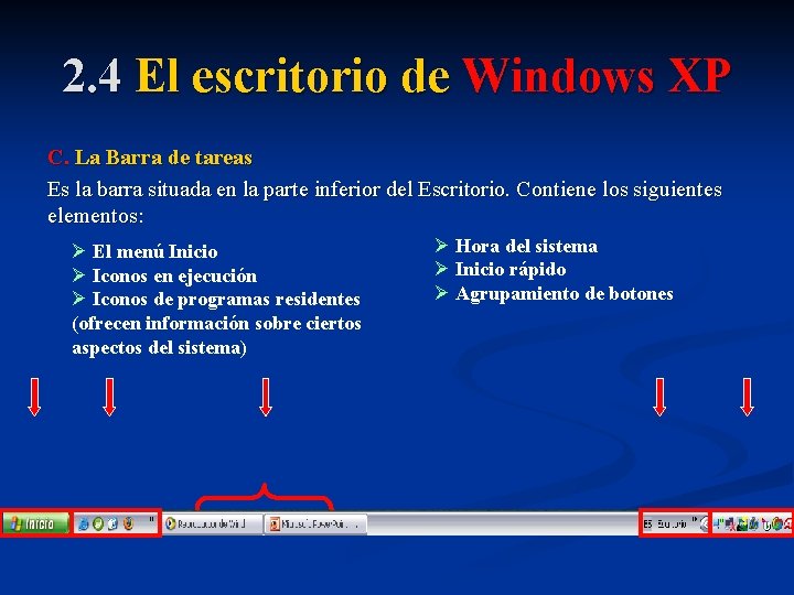 2. 4 El escritorio de Windows XP C. La Barra de tareas Es la