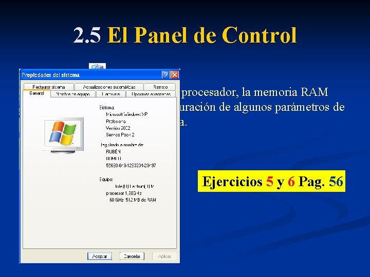 2. 5 El Panel de Control G. Sistema Muestra información acerca del procesador, la