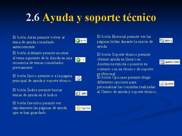 2. 6 Ayuda y soporte técnico El botón Atrás permite volver al tema de