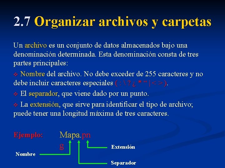 2. 7 Organizar archivos y carpetas Un archivo es un conjunto de datos almacenados