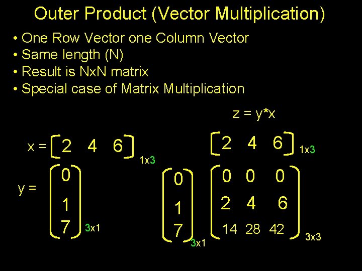 Outer Product (Vector Multiplication) • One Row Vector one Column Vector • Same length