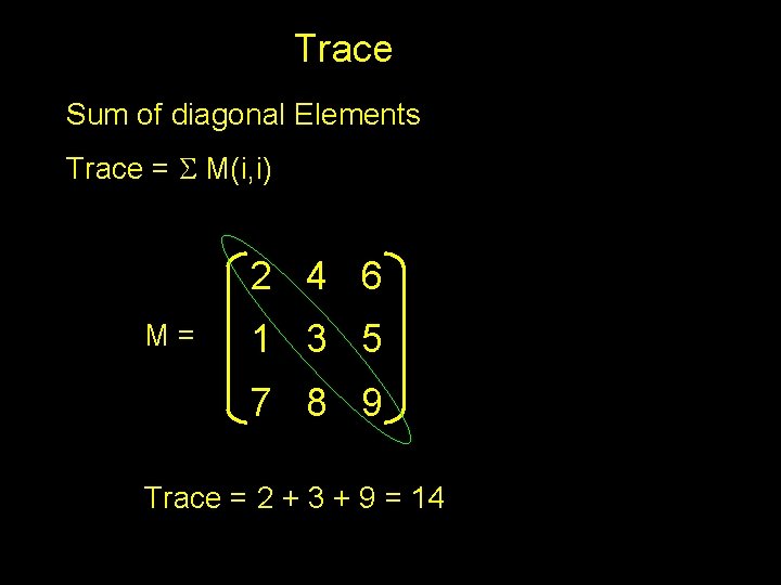 Trace Sum of diagonal Elements Trace = S M(i, i) 2 4 6 M=