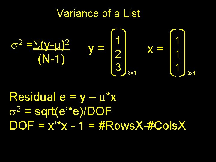 Variance of a List s 2 =S(y-m)2 (N-1) 1 y= 2 3 3 x