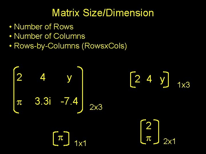 Matrix Size/Dimension • Number of Rows • Number of Columns • Rows-by-Columns (Rowsx. Cols)