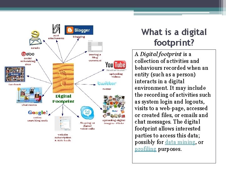 What is a digital footprint? A Digital footprint is a collection of activities and