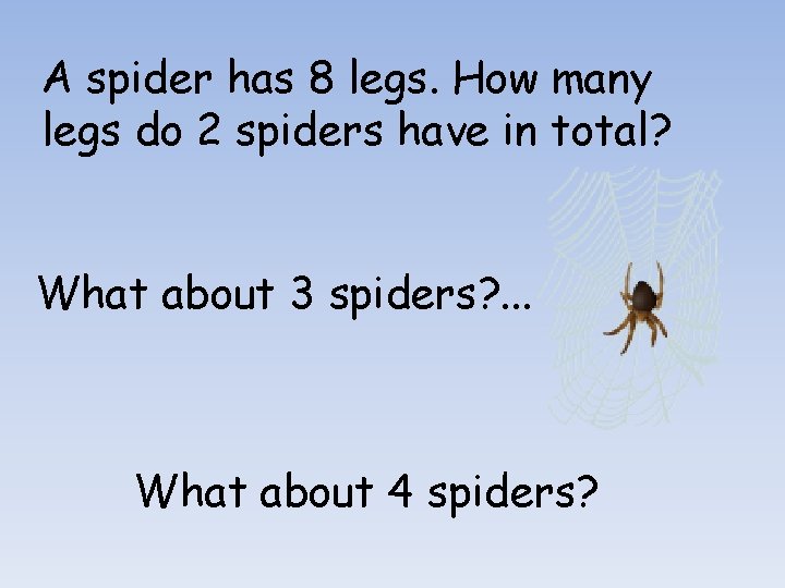 A spider has 8 legs. How many legs do 2 spiders have in total?