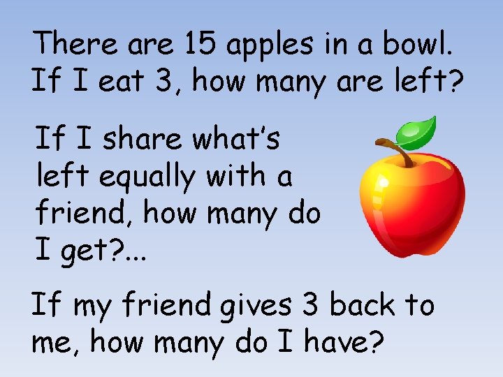 There are 15 apples in a bowl. If I eat 3, how many are